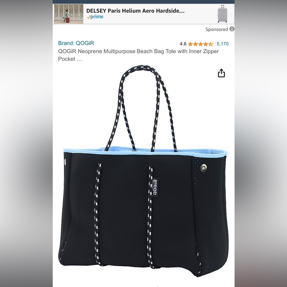 Womens QOGIR lightweight extra large shoulder bag, black blue interior NWOT